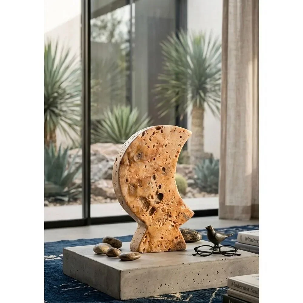 Vintage Natural Travertine Moon Sculpture Hand Carved Stone Crescent Modern Deco